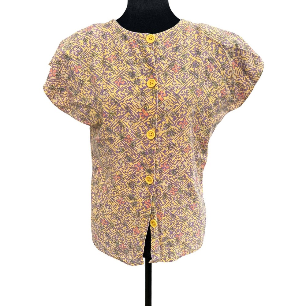 Middlebrook Park Vintage Abstract Print Button Up Blouse Yellow Purple Sz M